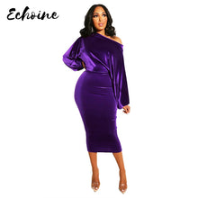 Load image into Gallery viewer, K.T.L. - Off Shoulder Long Sleeve High Waist Velvet Bodycon Dress
