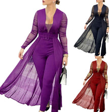 Load image into Gallery viewer, Sheer Sleeve Jumpsuit with Belt and  Skirt Overlay
