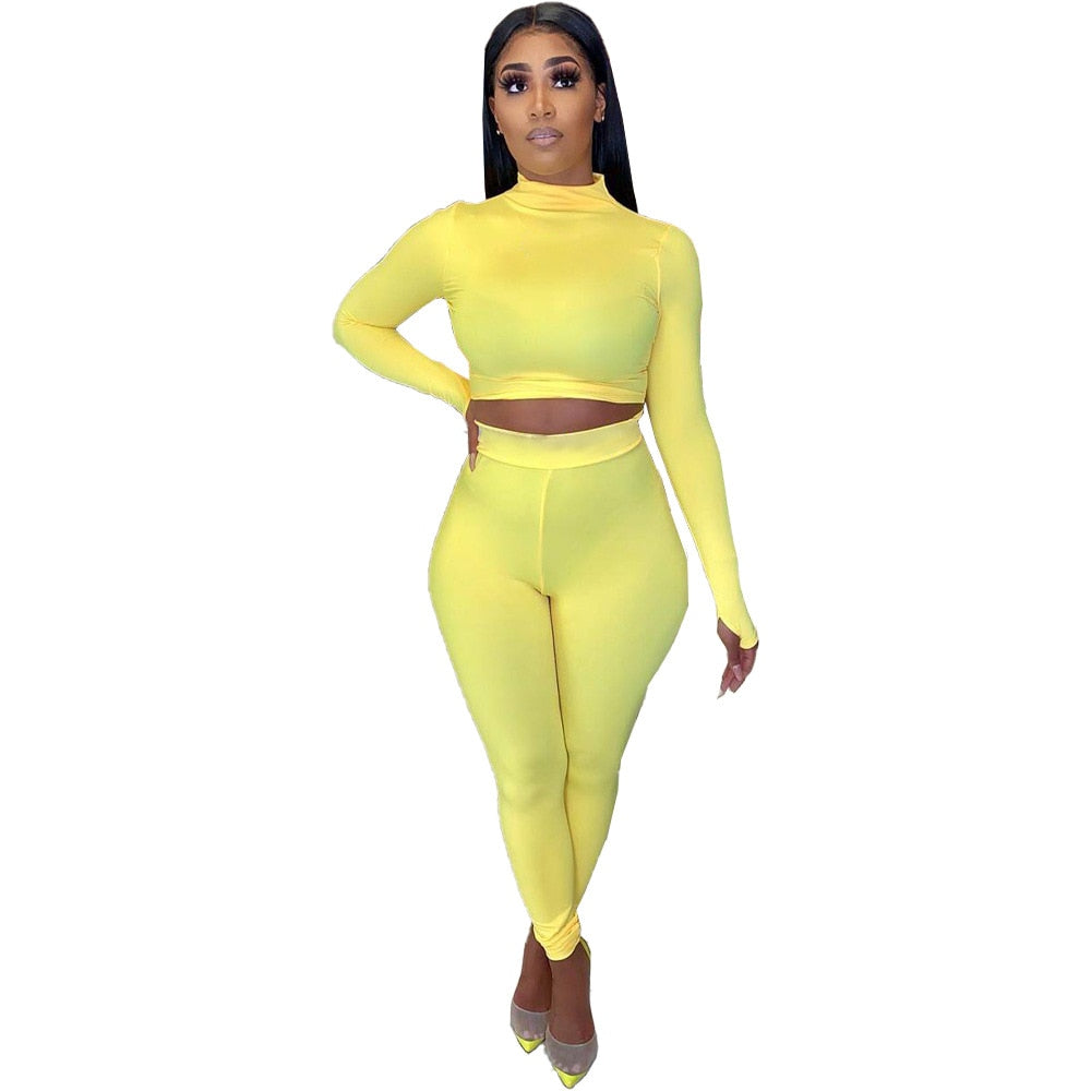 K.T.L. - Two Piece Casual Long Sleeve Crop Top &  Legging Matching Set