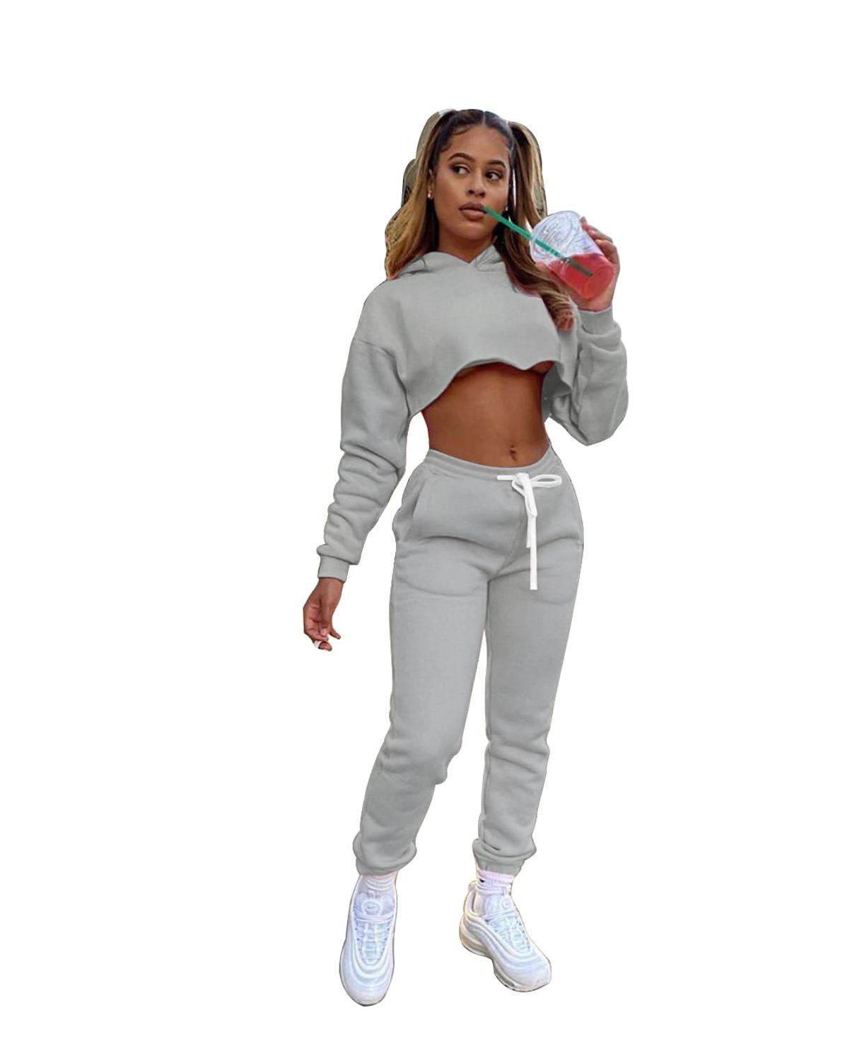 Casual Fleece Drawstring Long Sleeve Crop Top Sweat suit K.T.L