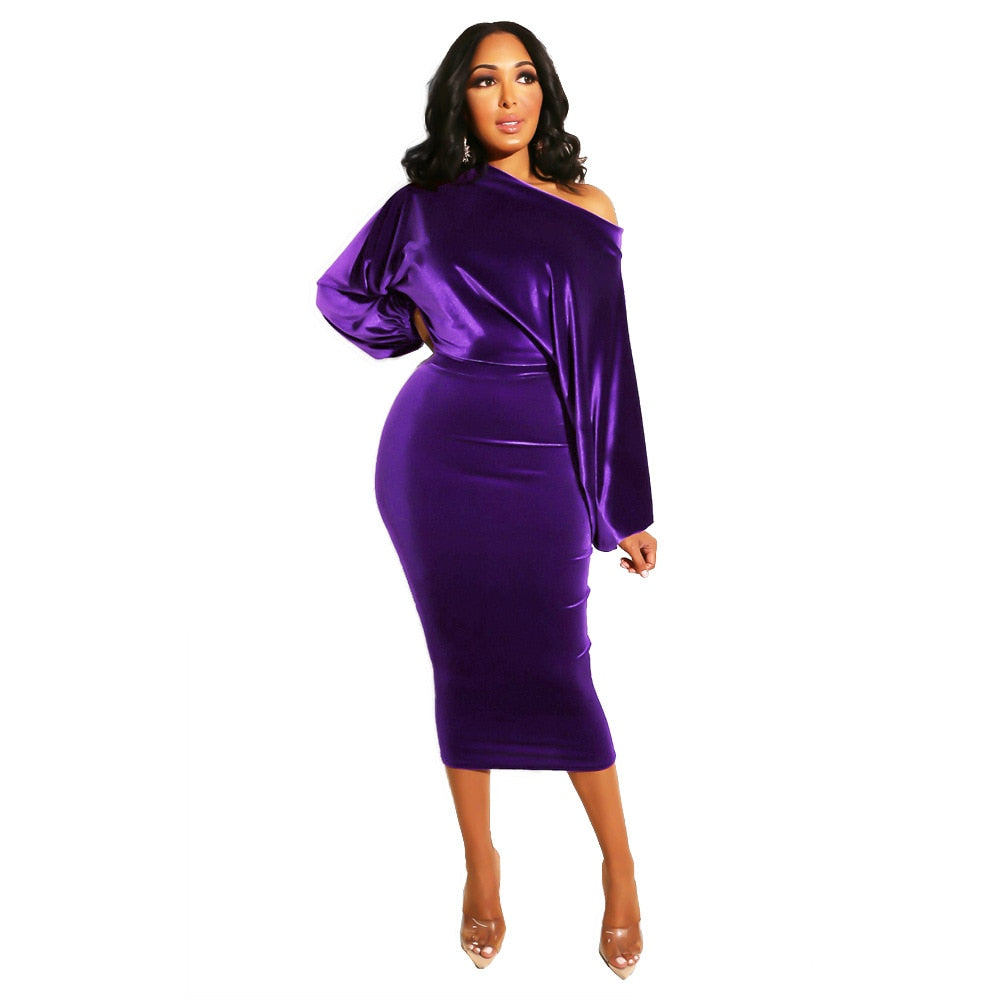 K.T.L. - Off Shoulder Long Sleeve High Waist Velvet Bodycon Dress