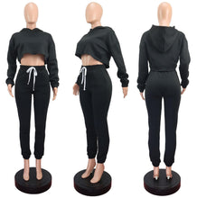 Load image into Gallery viewer, Casual Fleece Drawstring Long Sleeve Crop Top Sweat suit
