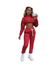 Load image into Gallery viewer, Casual Fleece Drawstring Long Sleeve Crop Top Sweat suit
