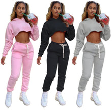 Load image into Gallery viewer, Casual Fleece Drawstring Long Sleeve Crop Top Sweat suit
